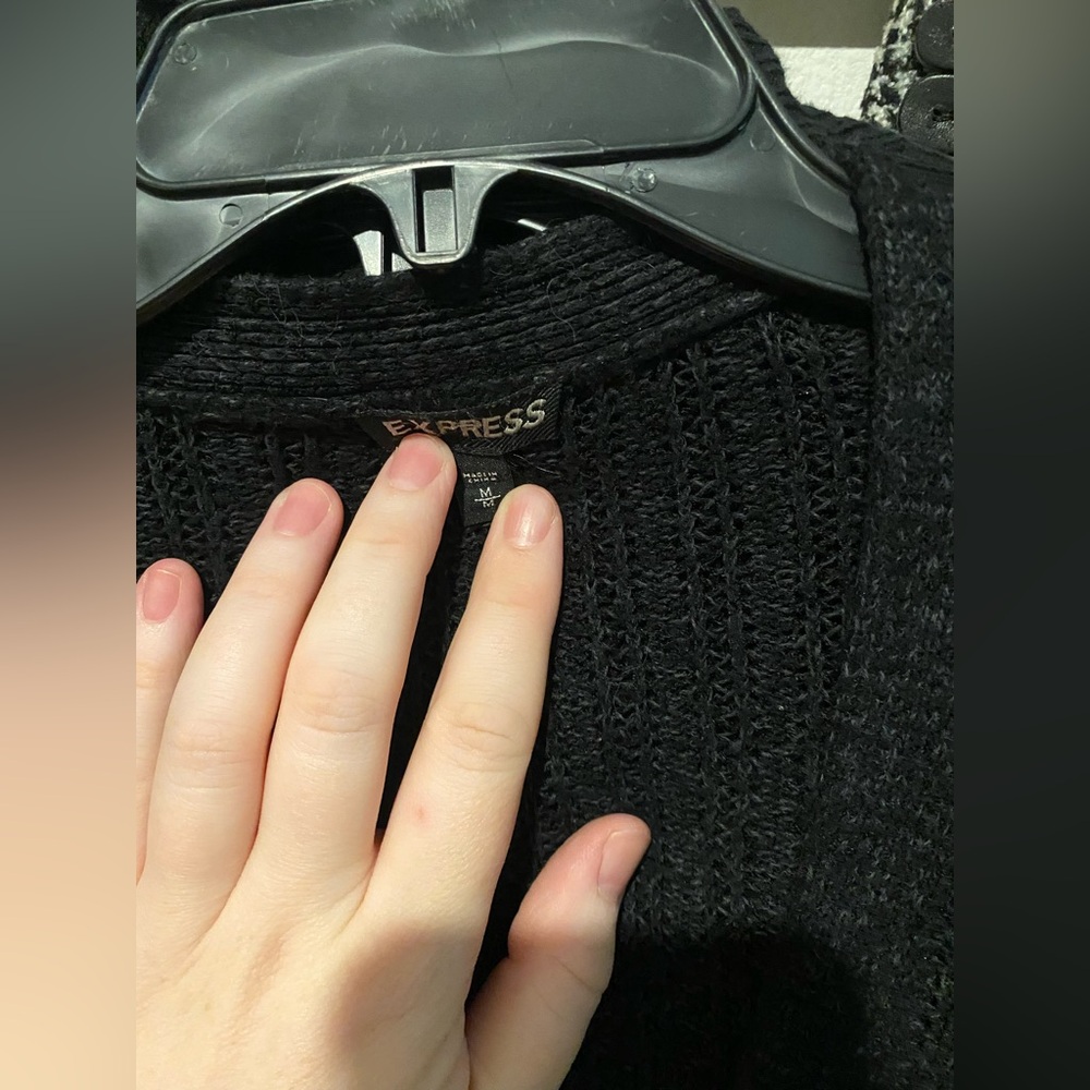 Express Black Women's Sweater with Buttons and Stylized Cut Out at Collar - Picture 5 of 6